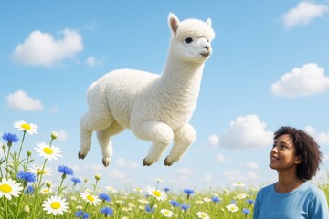 Fototapeta premium Fluffy white alpaca floating in mid-air above a blooming flower field as a smiling woman looks up at it under a bright blue sky with clouds. Ai generative