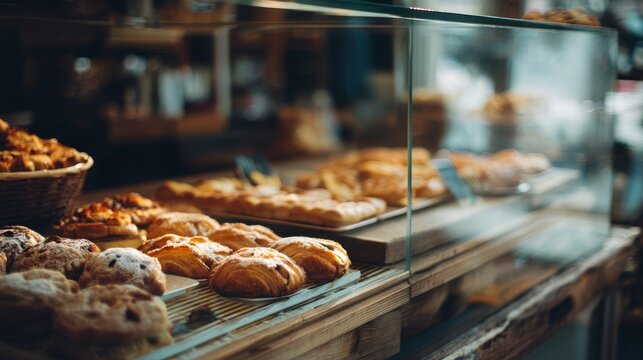 Fresh pastries on display case with cafe interior blurred background