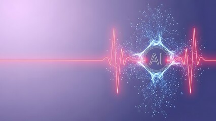 Artificial intelligence concept with neon heartbeat line and glowing blue network