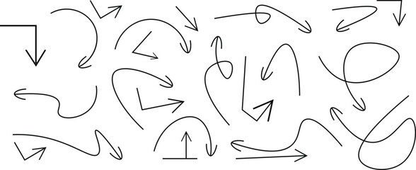 Hand drawn arrows, lines, symbol, pointing mark, Diverse directional elements including curved, wavy, spiral, straight, and zigzag arrows. Charcoal hand drawn pencil arrows.