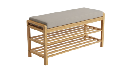 Minimalist shoe rack bench made of bamboo with cushion seat isolated on white background
