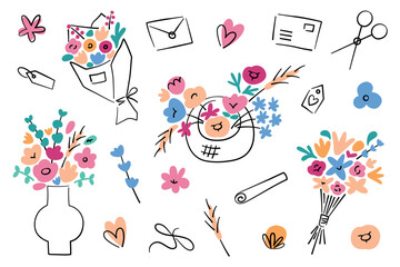 Flat cartoon vector illustration set of bouquets and flowers in vases with florist tools, scissors, ties, envelopes and cards, flower shop theme, romantic Valentine mood for greetings and gift designs