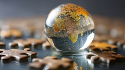 Glass globe shows Africa and Europe resting on brown scattered puzzle.