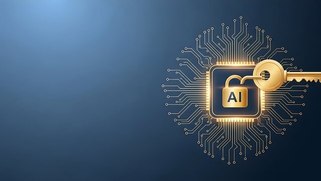 Golden key unlocking AI padlock on circuit board background