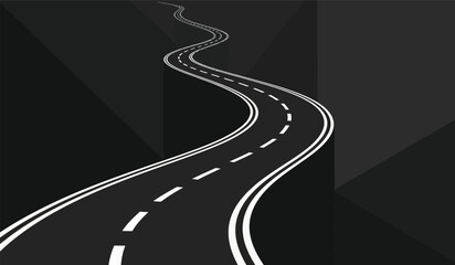 A winding white road stretches into the darkness contrasted against a sharply angled black background creating a dramatic and perspective illusion