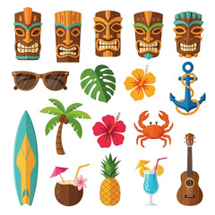 Vibrant Tropical Summer Vacation Icons Tiki Masks Surfboard Palm Tree Pineapple Cocktails Sunglasses Anchor Crab Hawaii Paradise Beach Holiday Design Elements © Nomads Studio
