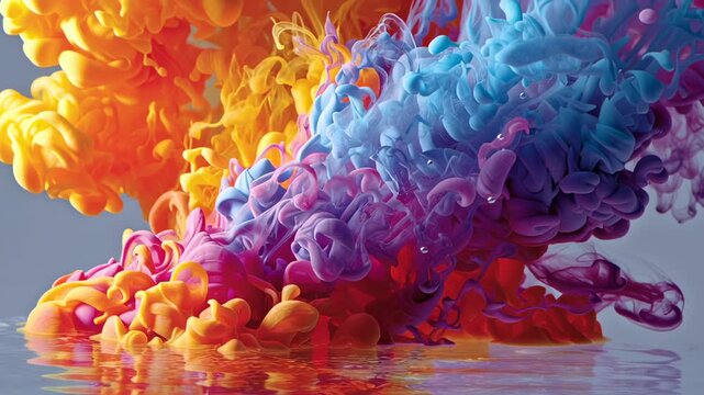 Vibrant pigments creating an expressive explosion of colors, mixing in water to form intricate patterns and fluid textures, dissolving and reflecting on a dynamic surface