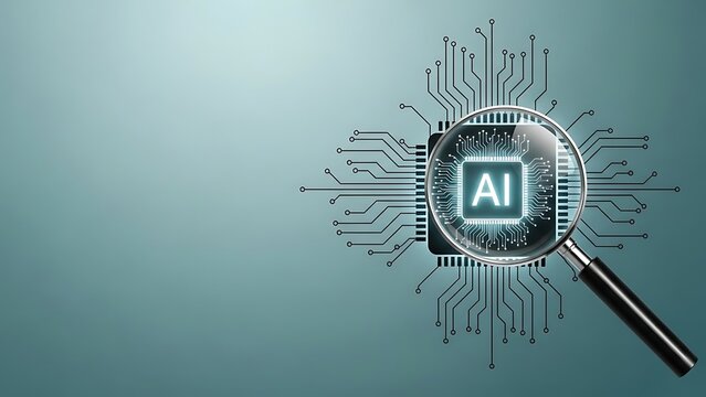 Artificial intelligence concept with magnifying glass on circuit board - Powered by Adobe