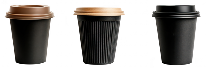 A collection of three stylish disposable coffee cups in varying designs and colors. modern aesthetics suitable for cafes or events. with a clean white background enhancing their appeal
