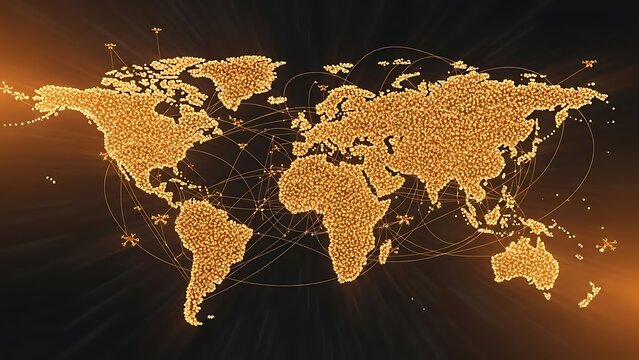 Golden global connections map with network lines and dots on black background - Powered by Adobe