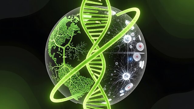 DNA helix wrapped around a glowing globe with neural network - Powered by Adobe