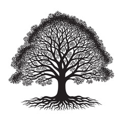 Black and white tree with intricate branches and roots on a plain background