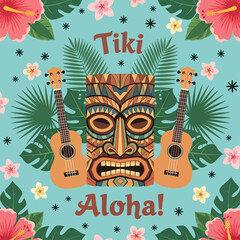 Vibrant Tiki Aloha Illustration with Ukuleles and Tropical Flowers for Hawaiian Party Summer Vacation or Beach Theme Designs © Nomads Studio
