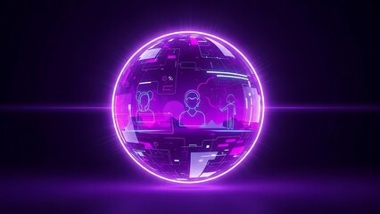 Futuristic purple globe with neon outline and people inside technology