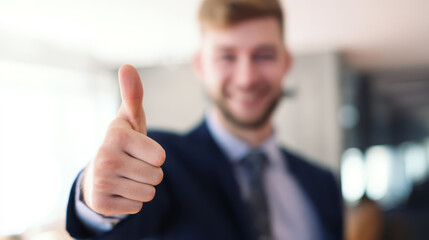 Man showing thumbs up gesture with smiling face in office environment expressing positivity and approval