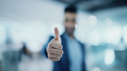 Man showing thumbs up gesture with blurred office background, expressing positivity and approval in professional environment