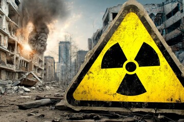 Warning sign indicating radiation danger at a devastated site.