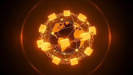 Global digital network connections with glowing orange data flow