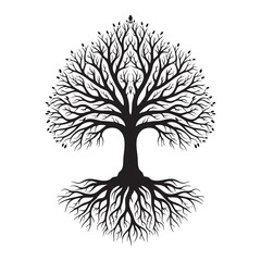 Black silhouette of a stylized tree with intricate branches and roots on a white background