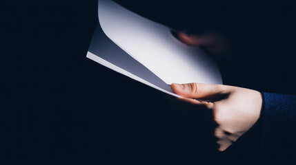 Person holding blank white paper with dark background, showing focus and simplicity in image