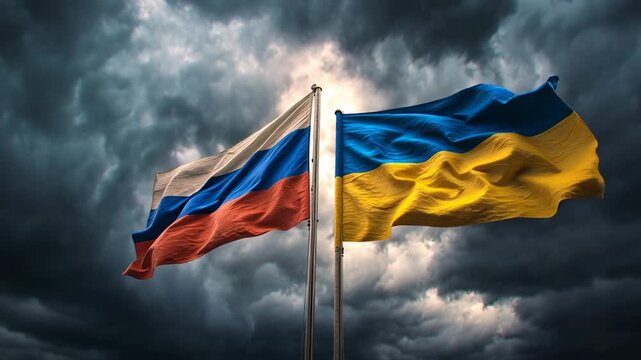 Waving flags of russia and ukraine symbolizing conflict, international relations, crisis, politics, war, and geopolitical tensions under a stormy, dramatic sky