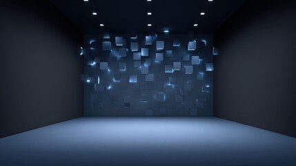 Dark room with glowing blue cubes on back wall creating futuristic and mysterious atmosphere with soft ceiling lights