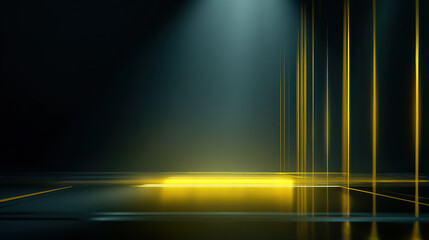 Futuristic dark room with glowing yellow lines and reflective floor creating modern, high tech atmosphere with sleek geometric design