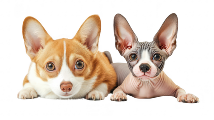 Two adorable dogs. a corgi and a sphynx. lying side by side on a bright white background. their unique features and expressions. perfect for pet-related content