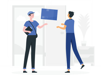 Delivery man handing package to woman in blue uniform desi