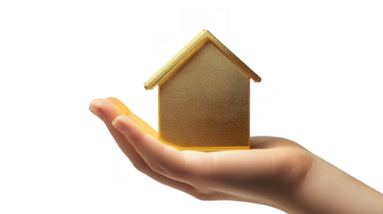 A hand gently cradles a golden miniature house. symbolizing home ownership and security. with a soft. neutral background that enhances the warmth and positivity of the scene