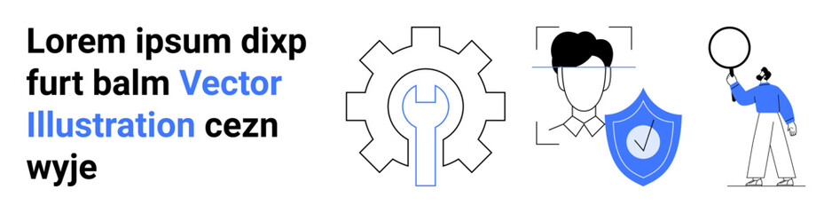 Gear with wrench for settings, user profile with shield for security, person holding a balloon. Ideal for identity, protection, troubleshooting, personalization, creativity, innovation simple © robu_s