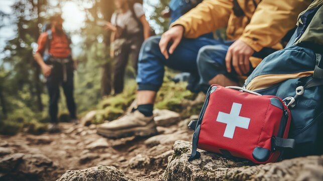 Hikers take a break with first aid kit nearby.