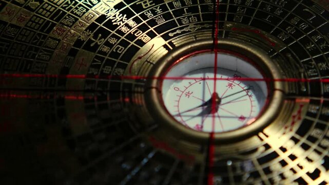 Footage of a traditional Chinese feng shui compass (luopan), showing detailed markings and symbols, representing geomancy, orientation, and Chinese cultural tradition.