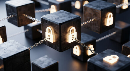 Digital Encryption and Security: A visual representation of a blockchain network, with interconnected blocks each adorned with a glowing padlock, symbolizing secure data transfer and digital security.