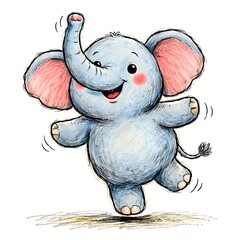 A cheerful and adorable baby elephant with pink ears dancing joyfully in a whimsical hand-drawn art style.