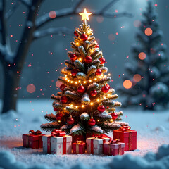 Beautifully decorated Christmas tree with gifts in a snowy landscape during winter evening