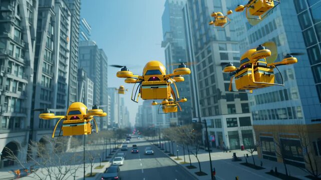 Autonomous package delivery drones flying through a modern cityscape with tall skyscrapers on a clear day, showcasing future logistics and urban technology solutions