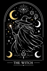A mystical tarot card illustration featuring a cloaked witch surrounded by celestial and occult symbols.