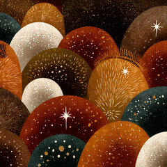 Abstract textured hills in warm earthy tones with stars and sparkles over a dark background, representing a magical night landscape concept