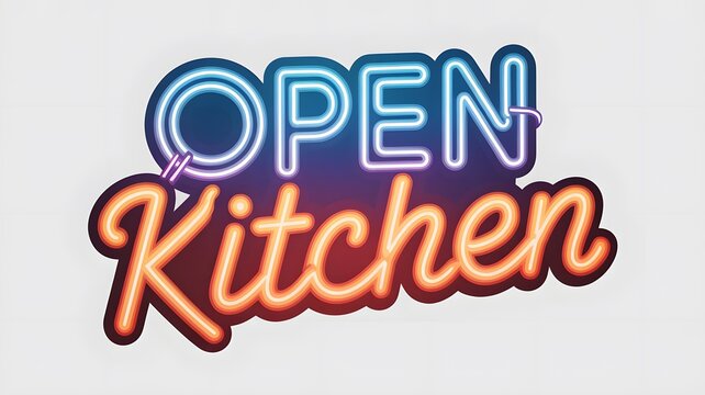 Vibrant neon sign graphic featuring glowing orange and blue text that reads open kitchen - Powered by Adobe