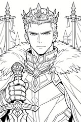 A powerful king wearing a crown and fur-lined armor holds a sword in this detailed coloring page.