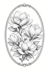 A vintage botanical illustration of blooming magnolia flowers encased within an ornate oval frame border.