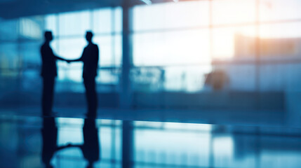 Two business people shaking hands in modern office with large windows and bright natural light creating professional atmosphere