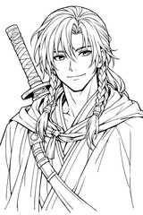 A detailed black and white line art illustration of a smiling anime swordsman with long braided hair.