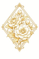 An elegant gold line art illustration of blooming camellia flowers within a decorative diamond frame.