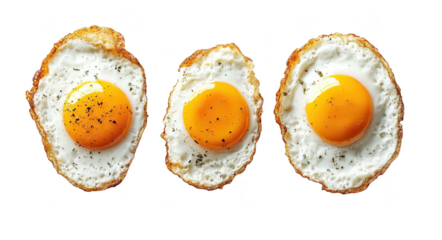 Three perfectly fried eggs of varying sizes displayed on a clean white background. their golden yolks and crispy edges. ideal for culinary use or food photography