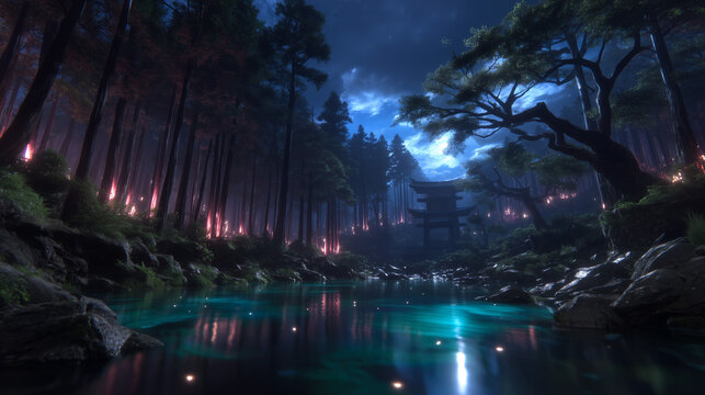 3D rendering of a tranquil night forest scene with a torii gate by a blue lake illuminated by moonlight and glowing fireflies
(月明かりと光る蛍に照らされた、青い湖のほとりにある鳥居を描いた静寂な夜の森の3Dレンダリング)