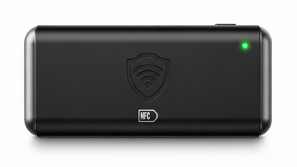 Sleek black portable wireless device with a metallic finish, green status light, and a security shield logo, for secure mobile data and networking