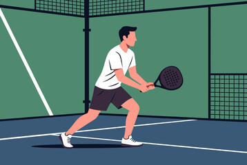 Man Playing Padel Tennis on a Court, Holding Racket Ready for Action