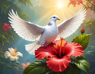 A white dove with outstretched wings perched on a red hibiscus